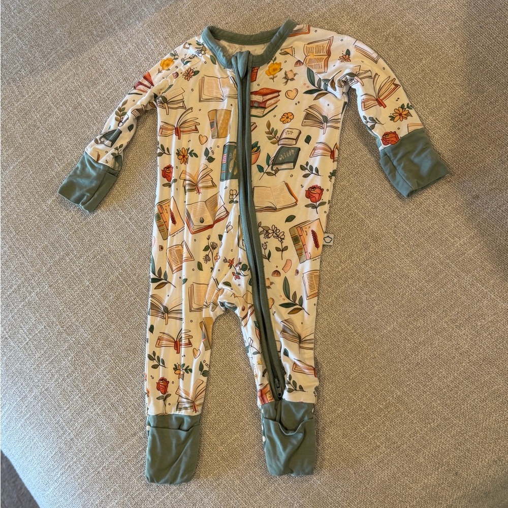 Whimsical Book Print Baby Footie with Green Trim